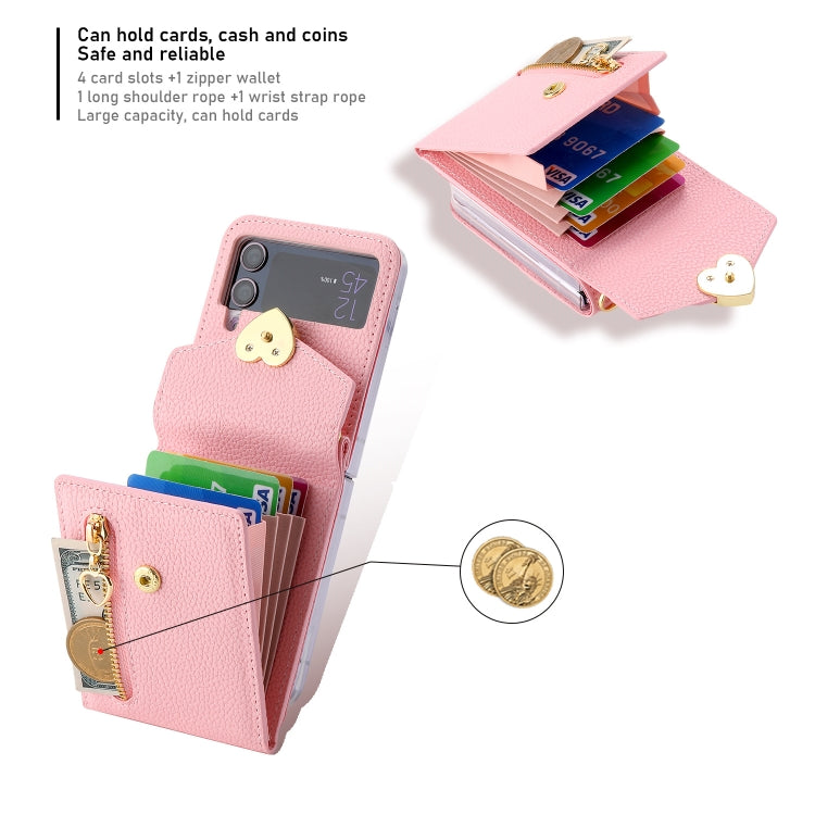 Pour Samsung Galaxy Z Flip3 5G, étui de téléphone portefeuille à fermeture éclair multi-cartes avec boucle d'amour et texture litchi (rose)