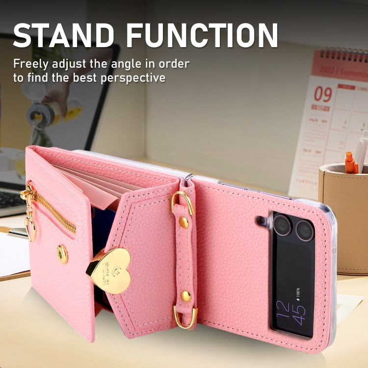 Pour Samsung Galaxy Z Flip3 5G, étui de téléphone portefeuille à fermeture éclair multi-cartes avec boucle d'amour et texture litchi (rose)