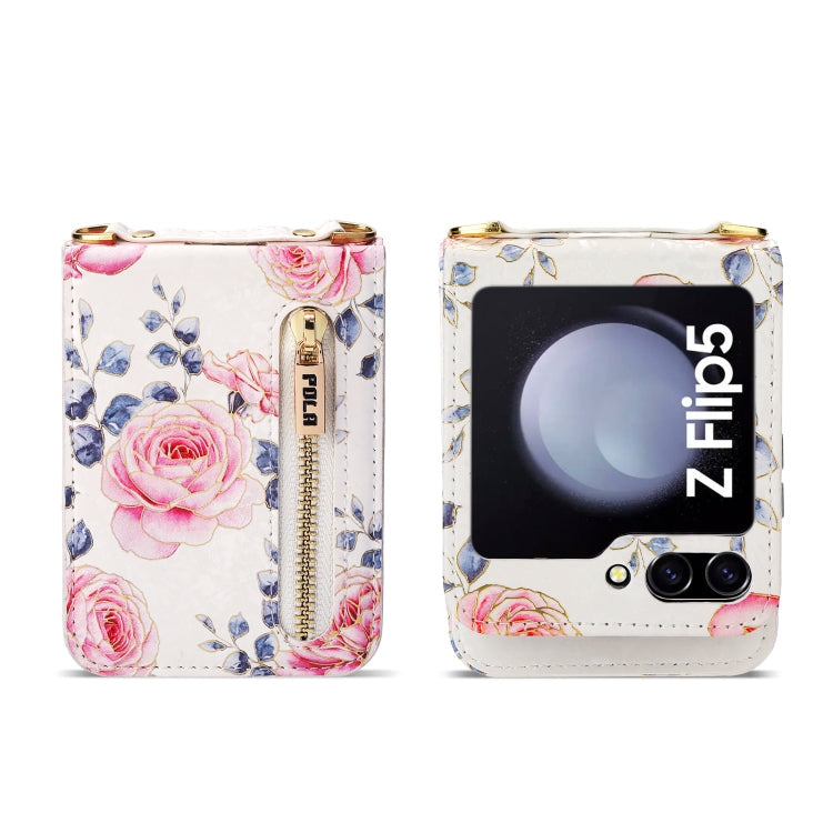 Pour Samsung Galaxy Z Flip5, étui portefeuille avec fermeture éclair et motifs roses POLA, emplacements pour cartes multiples (blanc)