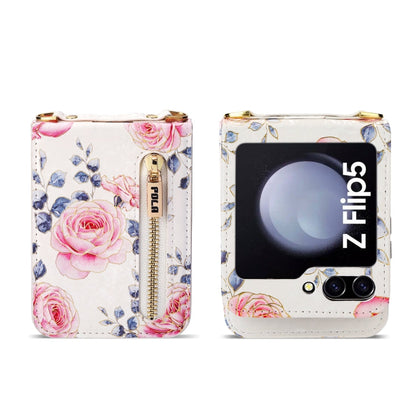 Pour Samsung Galaxy Z Flip5, étui portefeuille avec fermeture éclair et motifs roses POLA, emplacements pour cartes multiples (blanc)