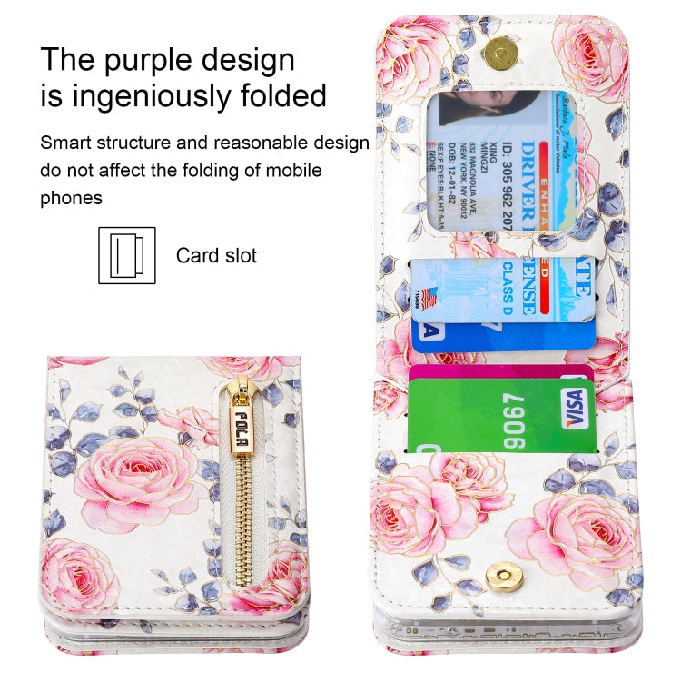 Pour Samsung Galaxy Z Flip5, étui portefeuille avec fermeture éclair et motifs roses POLA, emplacements pour cartes multiples (blanc)
