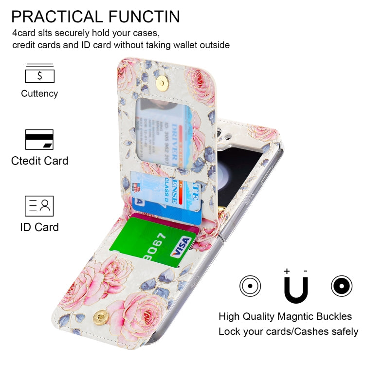 Pour Samsung Galaxy Z Flip5, étui portefeuille avec fermeture éclair et motifs roses POLA, emplacements pour cartes multiples (blanc)