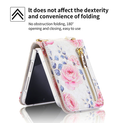 Pour Samsung Galaxy Z Flip5, étui portefeuille avec fermeture éclair et motifs roses POLA, emplacements pour cartes multiples (blanc)