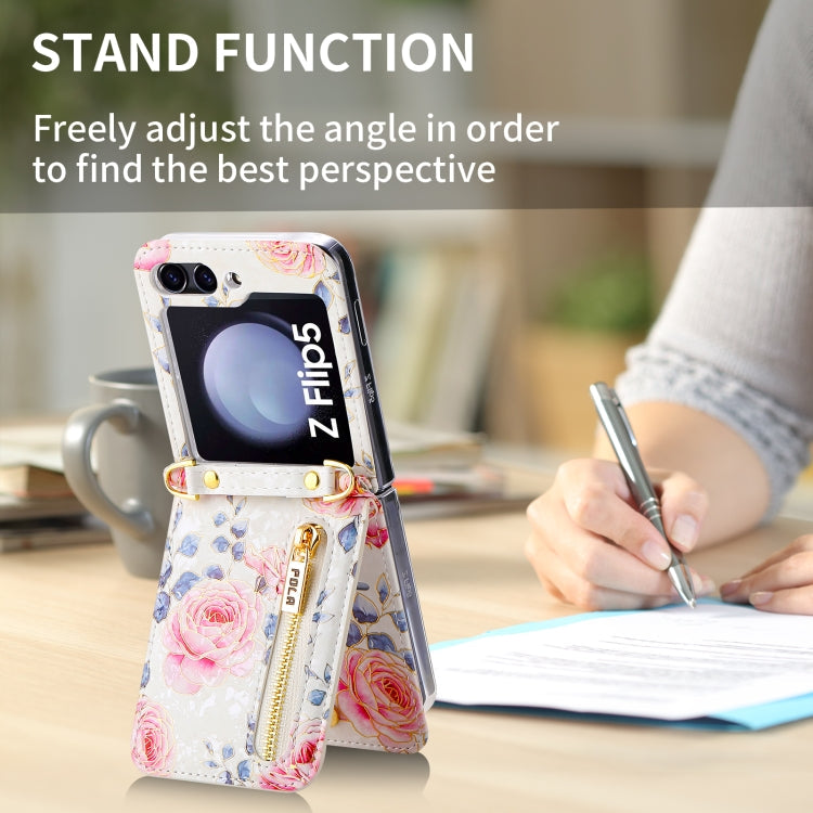 Pour Samsung Galaxy Z Flip5, étui portefeuille avec fermeture éclair et motifs roses POLA, emplacements pour cartes multiples (blanc)