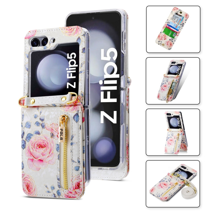 Pour Samsung Galaxy Z Flip5, étui portefeuille avec fermeture éclair et motifs roses POLA, emplacements pour cartes multiples (blanc)