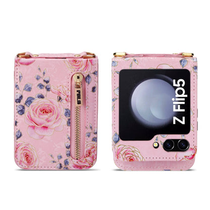 For Samsung Galaxy Z Flip5 POLA Rose Pattern Multi-Card Slots Zipper Wallet Phone Case(Pink)