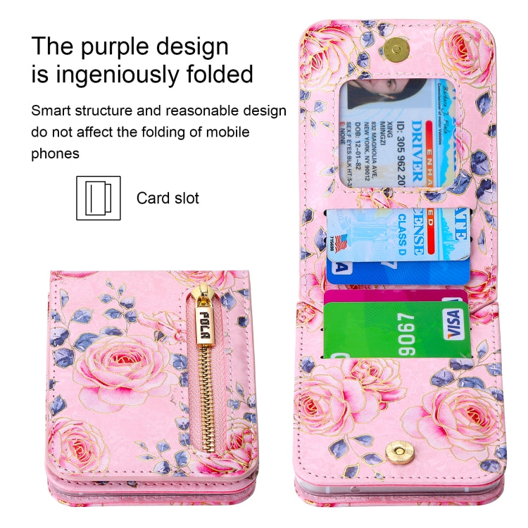 For Samsung Galaxy Z Flip5 POLA Rose Pattern Multi-Card Slots Zipper Wallet Phone Case(Pink)
