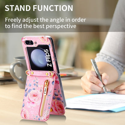 For Samsung Galaxy Z Flip5 POLA Rose Pattern Multi-Card Slots Zipper Wallet Phone Case(Pink)