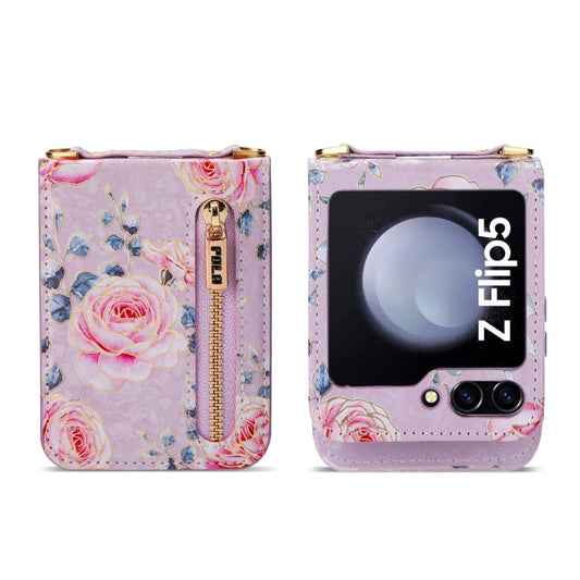 For Samsung Galaxy Z Flip5 POLA Rose Pattern Multi-Card Slots Zipper Wallet Phone Case(Purple)