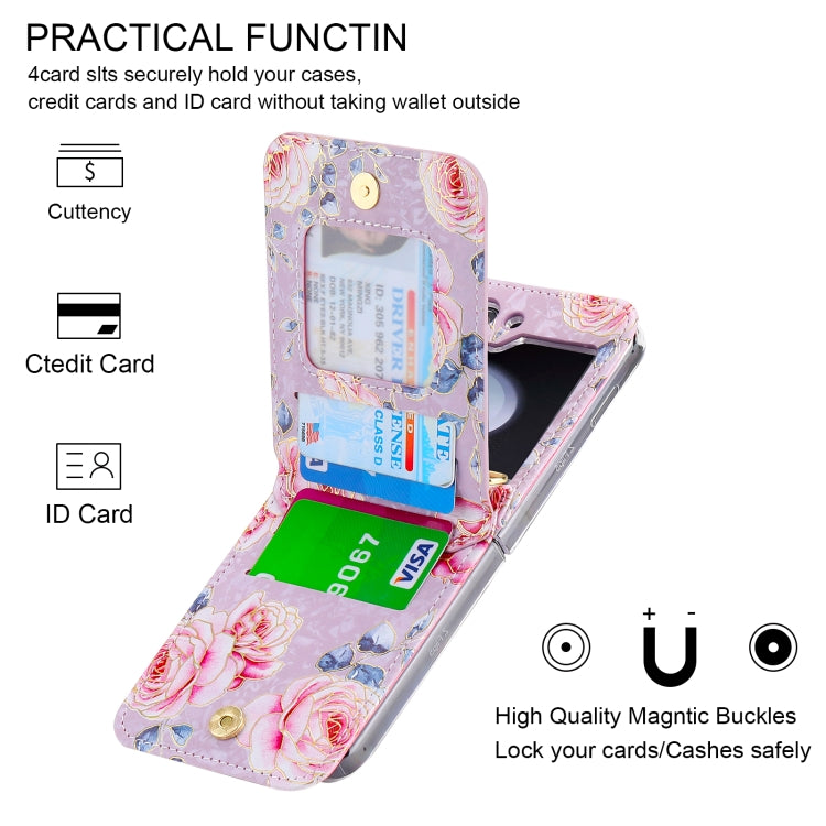 For Samsung Galaxy Z Flip5 POLA Rose Pattern Multi-Card Slots Zipper Wallet Phone Case(Purple)
