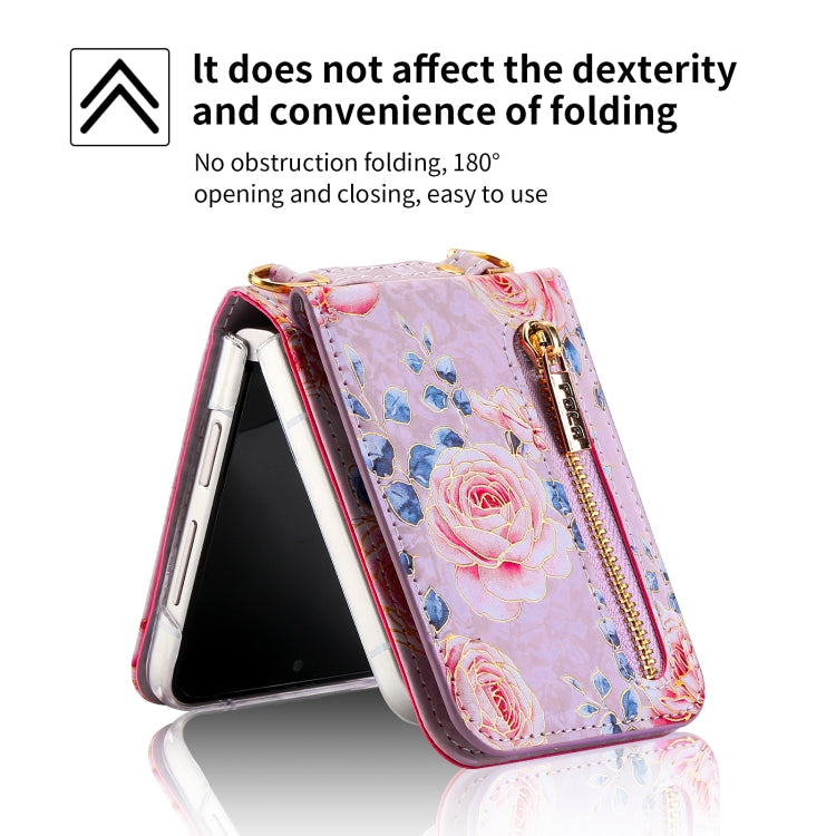 For Samsung Galaxy Z Flip5 POLA Rose Pattern Multi-Card Slots Zipper Wallet Phone Case(Purple)