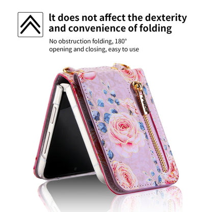 For Samsung Galaxy Z Flip5 POLA Rose Pattern Multi-Card Slots Zipper Wallet Phone Case(Purple)