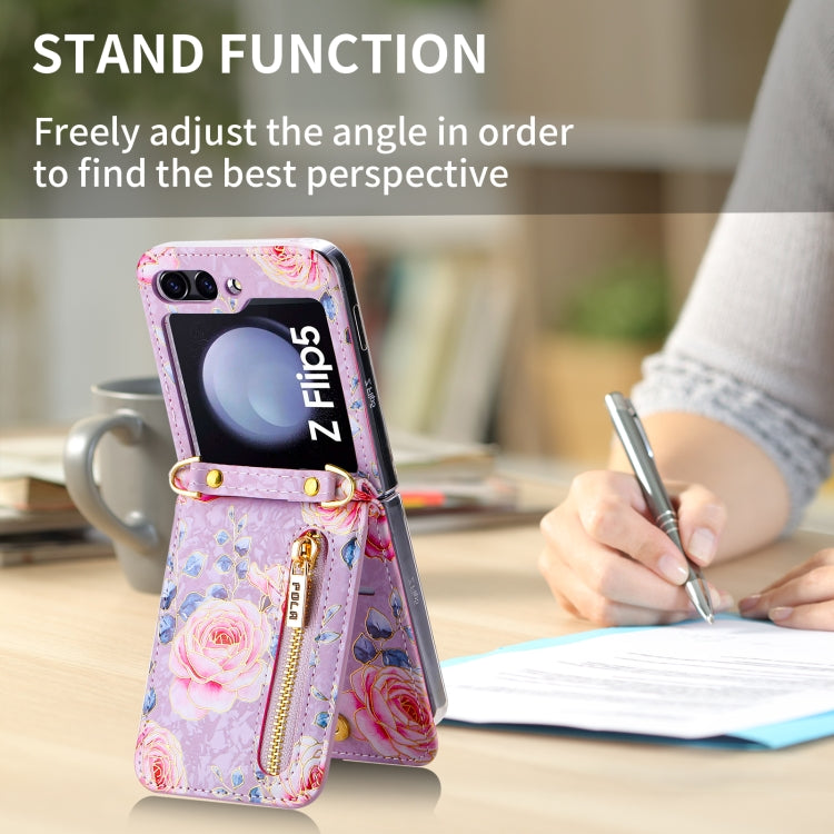 For Samsung Galaxy Z Flip5 POLA Rose Pattern Multi-Card Slots Zipper Wallet Phone Case(Purple)