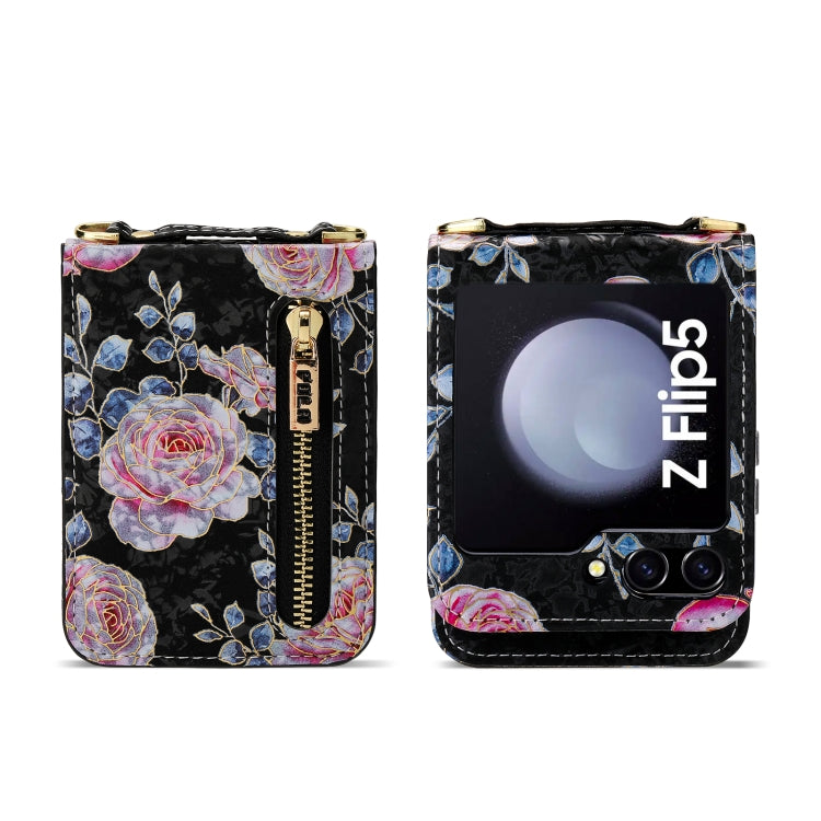 For Samsung Galaxy Z Flip5 POLA Rose Pattern Multi-Card Slots Zipper Wallet Phone Case(Black)
