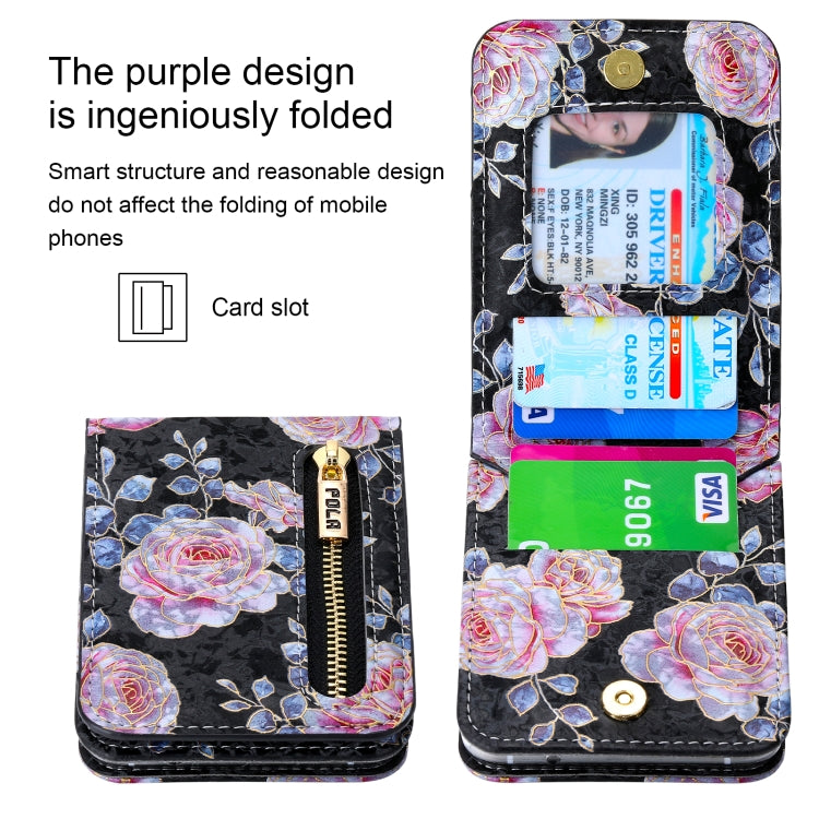 For Samsung Galaxy Z Flip5 POLA Rose Pattern Multi-Card Slots Zipper Wallet Phone Case(Black)