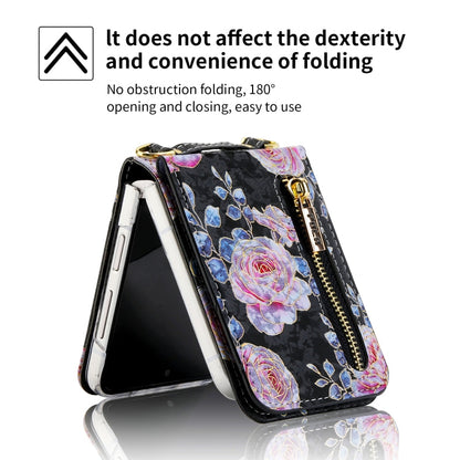 For Samsung Galaxy Z Flip5 POLA Rose Pattern Multi-Card Slots Zipper Wallet Phone Case(Black)