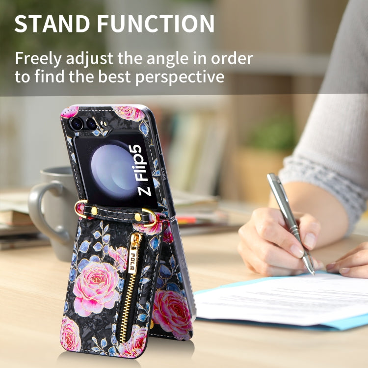 For Samsung Galaxy Z Flip5 POLA Rose Pattern Multi-Card Slots Zipper Wallet Phone Case(Black)