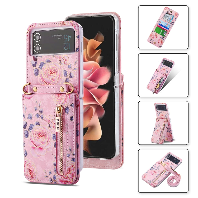 For Samsung Galaxy Z Flip4 POLA Rose Pattern Multi-Card Slots Zipper Wallet Phone Case(Pink)