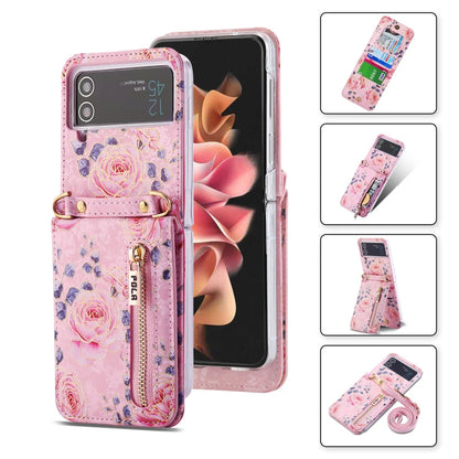 For Samsung Galaxy Z Flip4 POLA Rose Pattern Multi-Card Slots Zipper Wallet Phone Case(Pink)