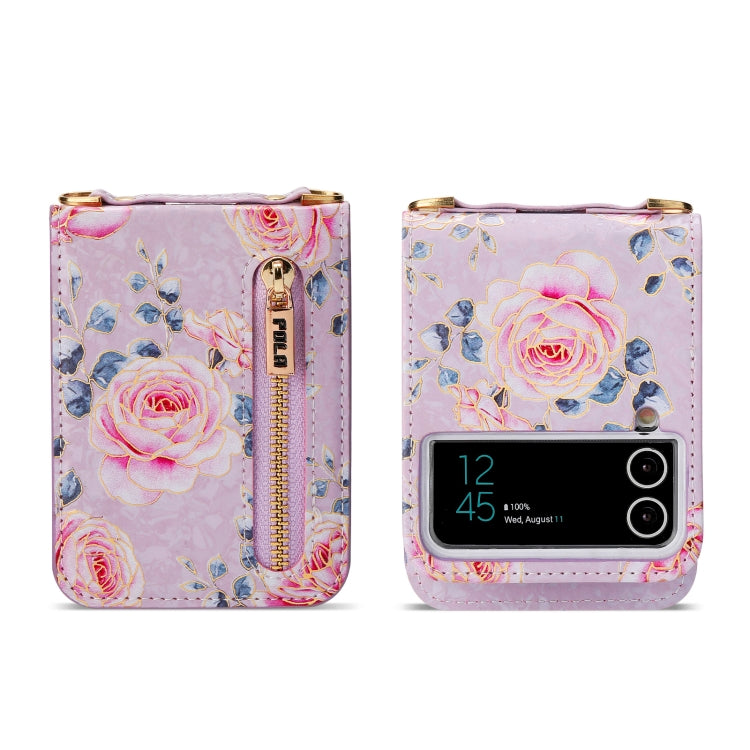 For Samsung Galaxy Z Flip4 POLA Rose Pattern Multi-Card Slots Zipper Wallet Phone Case(Purple)