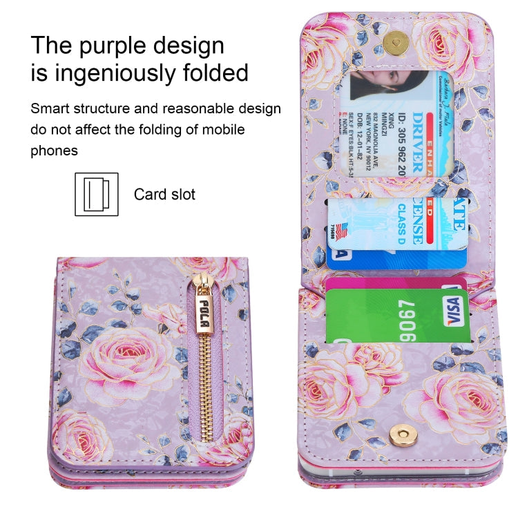 For Samsung Galaxy Z Flip4 POLA Rose Pattern Multi-Card Slots Zipper Wallet Phone Case(Purple)