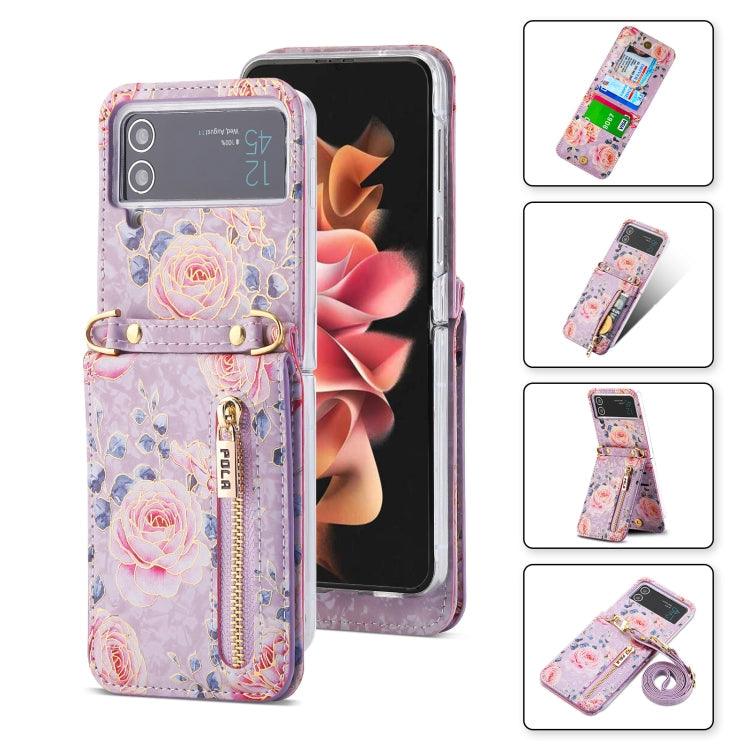 For Samsung Galaxy Z Flip4 POLA Rose Pattern Multi-Card Slots Zipper Wallet Phone Case(Purple)