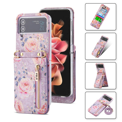 For Samsung Galaxy Z Flip4 POLA Rose Pattern Multi-Card Slots Zipper Wallet Phone Case(Purple)