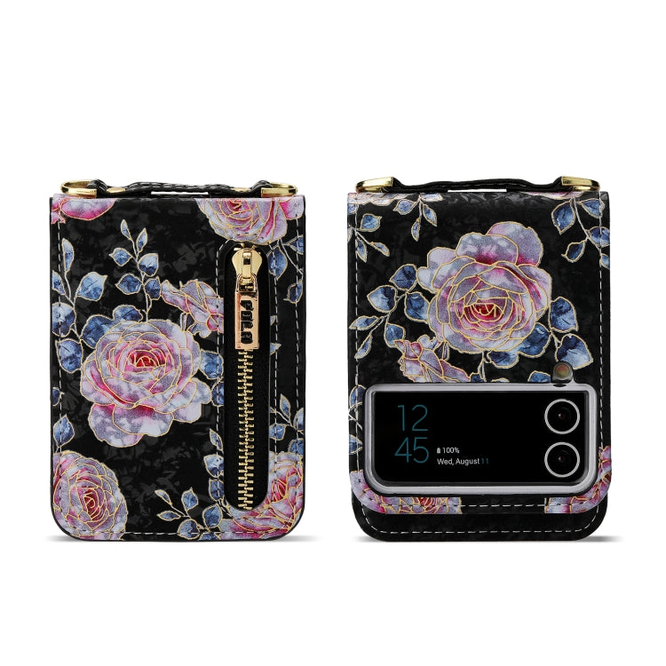 For Samsung Galaxy Z Flip4 POLA Rose Pattern Multi-Card Slots Zipper Wallet Phone Case(Black)