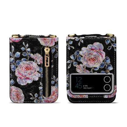 For Samsung Galaxy Z Flip4 POLA Rose Pattern Multi-Card Slots Zipper Wallet Phone Case(Black)