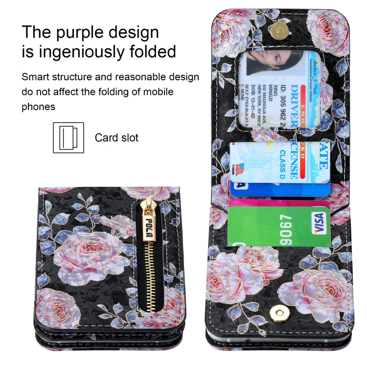 For Samsung Galaxy Z Flip4 POLA Rose Pattern Multi-Card Slots Zipper Wallet Phone Case(Black)