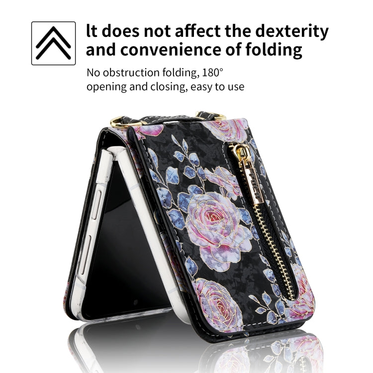 For Samsung Galaxy Z Flip4 POLA Rose Pattern Multi-Card Slots Zipper Wallet Phone Case(Black)