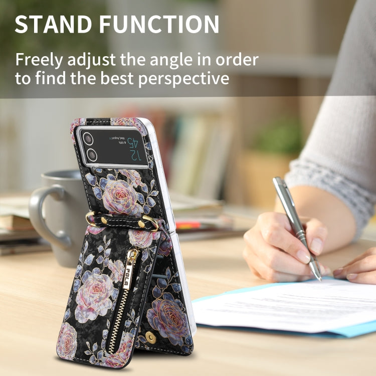 For Samsung Galaxy Z Flip4 POLA Rose Pattern Multi-Card Slots Zipper Wallet Phone Case(Black)