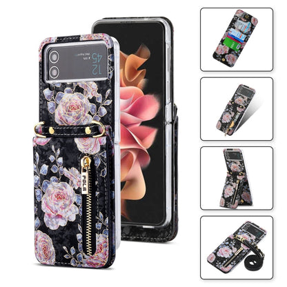 For Samsung Galaxy Z Flip4 POLA Rose Pattern Multi-Card Slots Zipper Wallet Phone Case(Black)