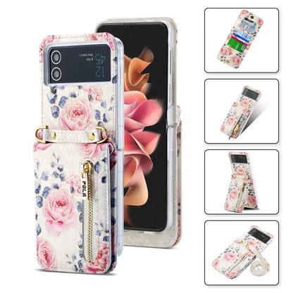Pour étui de téléphone portefeuille à fermeture éclair multi-fentes pour cartes avec motif rose POLA pour Samsung Galaxy Z Flip3 5G (blanc)