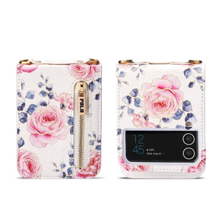 Pour étui de téléphone portefeuille à fermeture éclair multi-fentes pour cartes avec motif rose POLA pour Samsung Galaxy Z Flip3 5G (blanc)