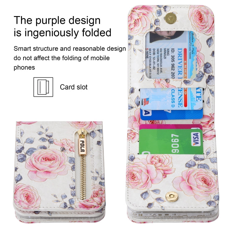 Pour étui de téléphone portefeuille à fermeture éclair multi-fentes pour cartes avec motif rose POLA pour Samsung Galaxy Z Flip3 5G (blanc)