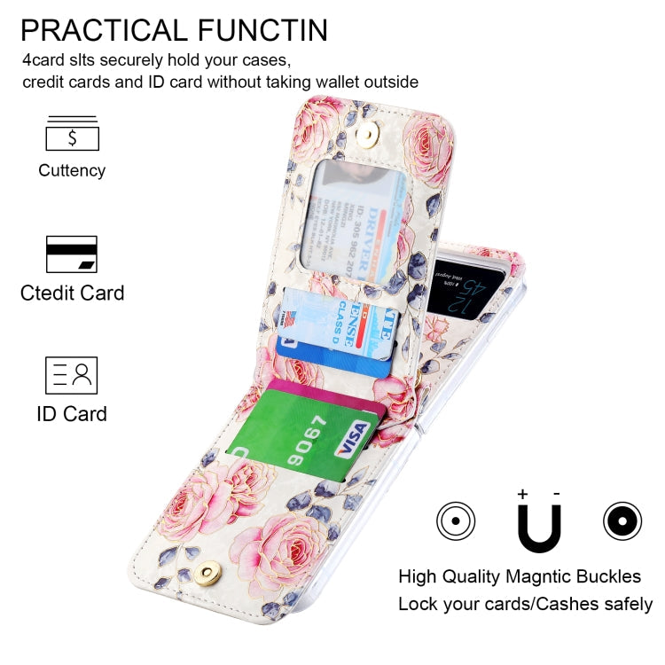 Pour étui de téléphone portefeuille à fermeture éclair multi-fentes pour cartes avec motif rose POLA pour Samsung Galaxy Z Flip3 5G (blanc)