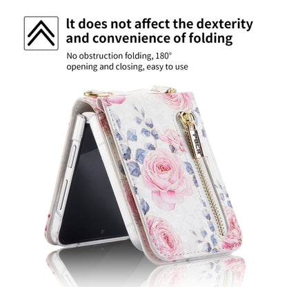 Pour étui de téléphone portefeuille à fermeture éclair multi-fentes pour cartes avec motif rose POLA pour Samsung Galaxy Z Flip3 5G (blanc)