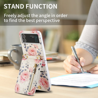Pour étui de téléphone portefeuille à fermeture éclair multi-fentes pour cartes avec motif rose POLA pour Samsung Galaxy Z Flip3 5G (blanc)