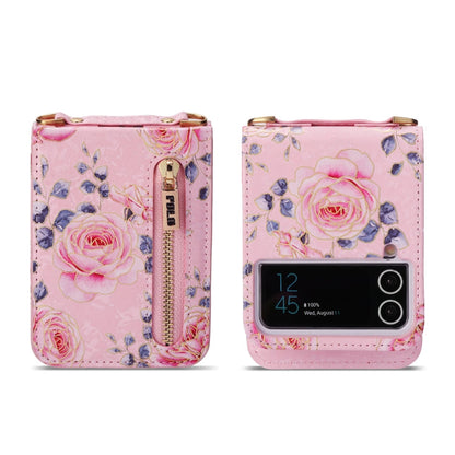 For Samsung Galaxy Z Flip3 5G POLA Rose Pattern Multi-Card Slots Zipper Wallet Phone Case(Pink)