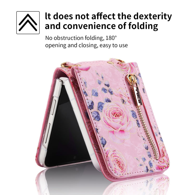 For Samsung Galaxy Z Flip3 5G POLA Rose Pattern Multi-Card Slots Zipper Wallet Phone Case(Pink)
