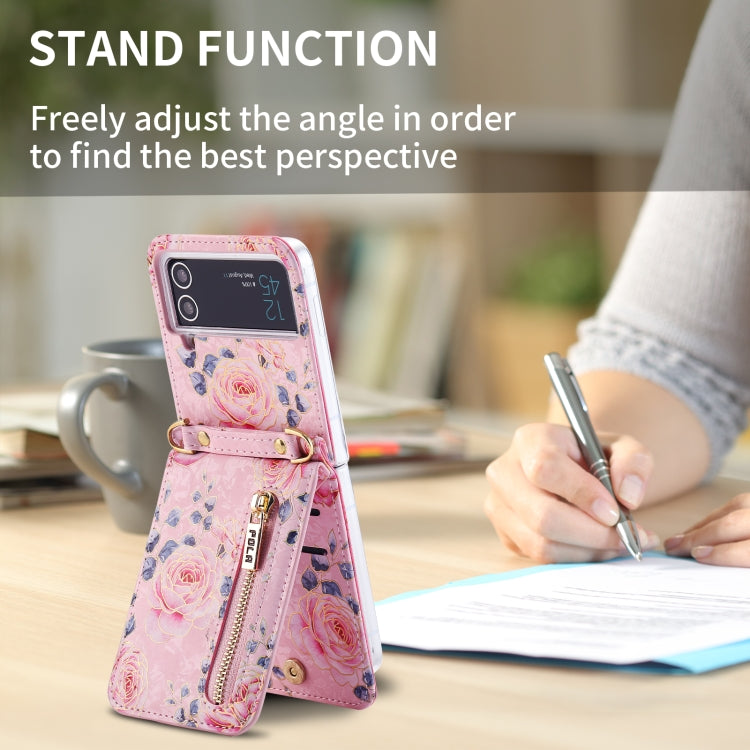 For Samsung Galaxy Z Flip3 5G POLA Rose Pattern Multi-Card Slots Zipper Wallet Phone Case(Pink)