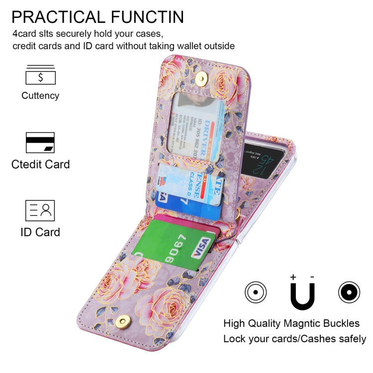 For Samsung Galaxy Z Flip3 5G POLA Rose Pattern Multi-Card Slots Zipper Wallet Phone Case(Purple)