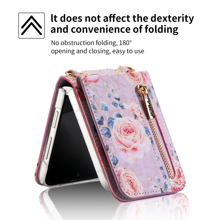 For Samsung Galaxy Z Flip3 5G POLA Rose Pattern Multi-Card Slots Zipper Wallet Phone Case(Purple)