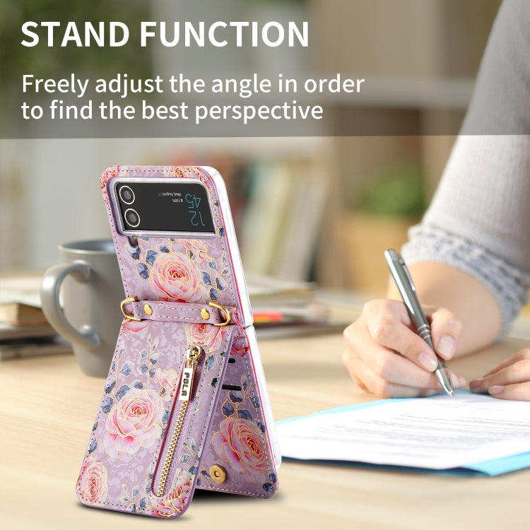 For Samsung Galaxy Z Flip3 5G POLA Rose Pattern Multi-Card Slots Zipper Wallet Phone Case(Purple)