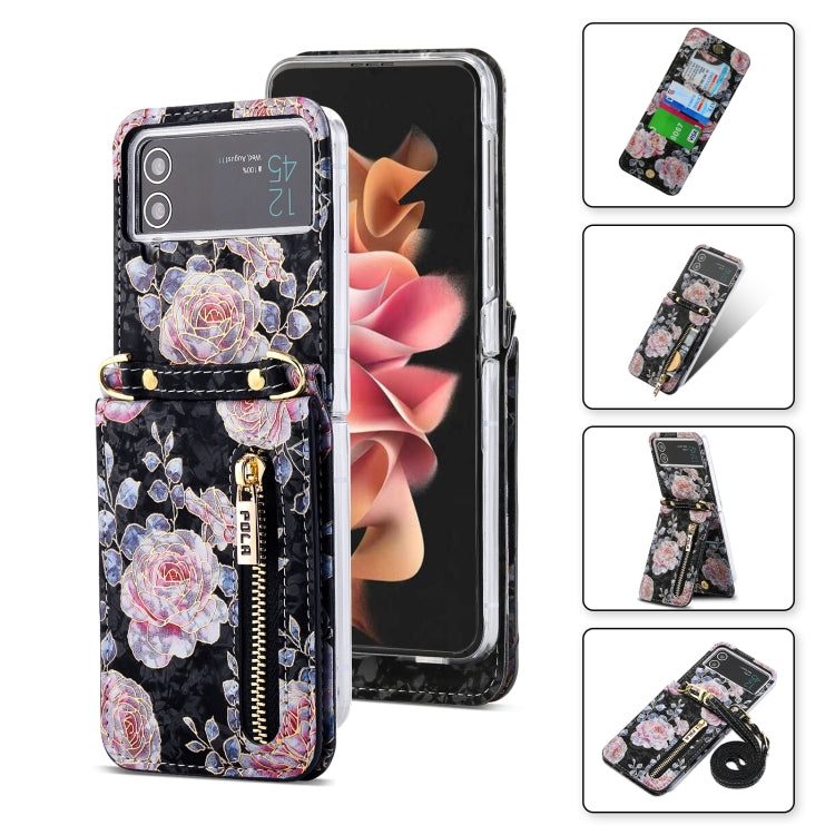 For Samsung Galaxy Z Flip3 5G POLA Rose Pattern Multi-Card Slots Zipper Wallet Phone Case(Black)