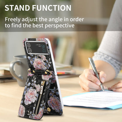 For Samsung Galaxy Z Flip3 5G POLA Rose Pattern Multi-Card Slots Zipper Wallet Phone Case(Black)
