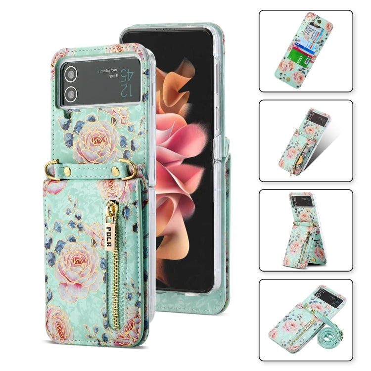 For Samsung Galaxy Z Flip3 5G POLA Rose Pattern Multi-Card Slots Zipper Wallet Phone Case(Cyan)