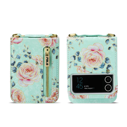 For Samsung Galaxy Z Flip3 5G POLA Rose Pattern Multi-Card Slots Zipper Wallet Phone Case(Cyan)