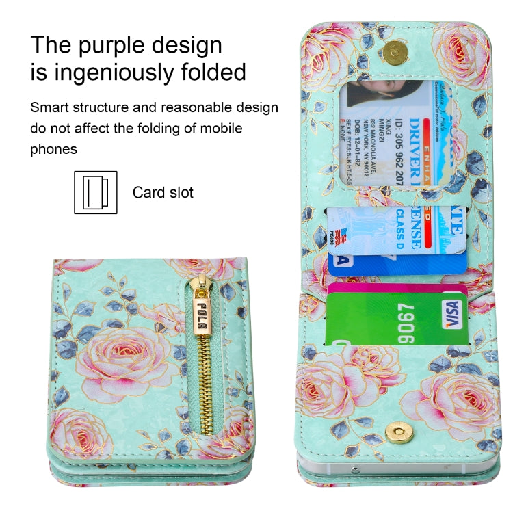 For Samsung Galaxy Z Flip3 5G POLA Rose Pattern Multi-Card Slots Zipper Wallet Phone Case(Cyan)